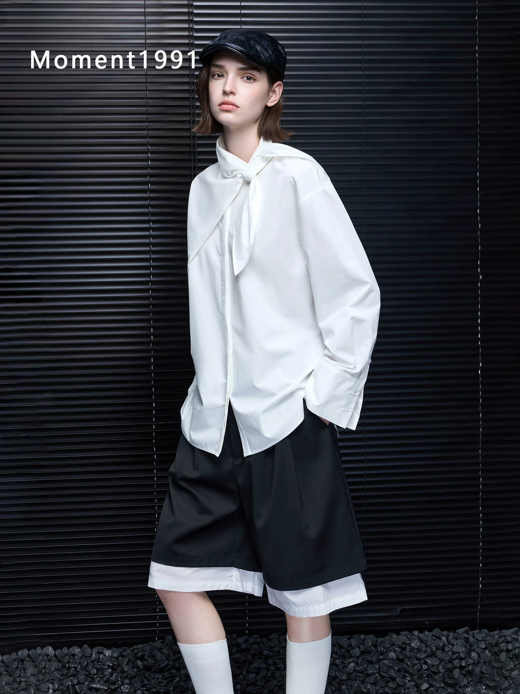 Bow Tie Oversized Long Sleeve Shirt_BDHL8405