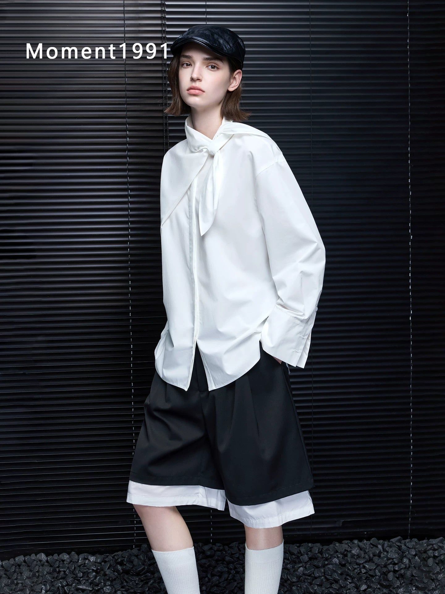 Bow Tie Oversized Long Sleeve Shirt_BDHL8405