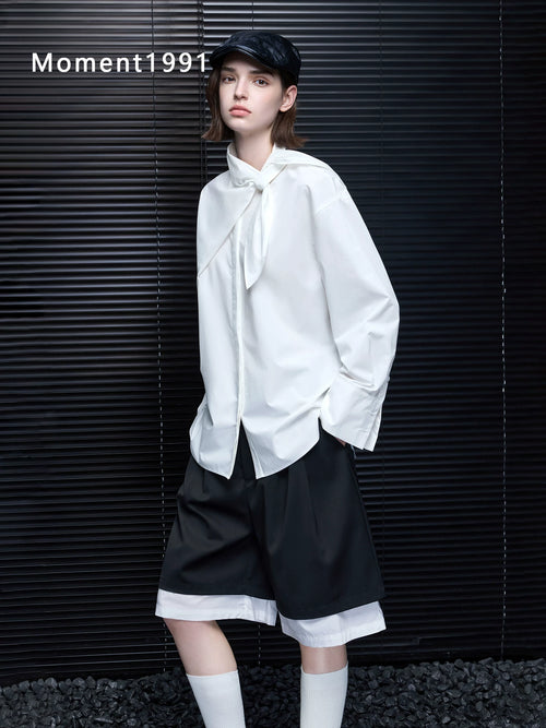 Bow Tie Oversized Long Sleeve Shirt_BDHL8405
