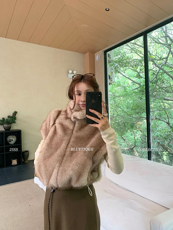 Stand Collar Zipper Fur Vest_BDHL8015