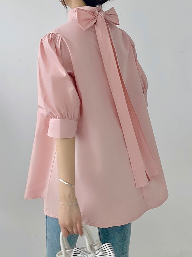 Lantern Sleeve Bow Tie Tops_BDHL7218