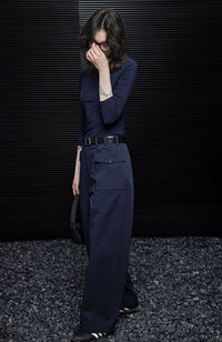 Navy Straight Wide-Leg Pants_BDHL6990