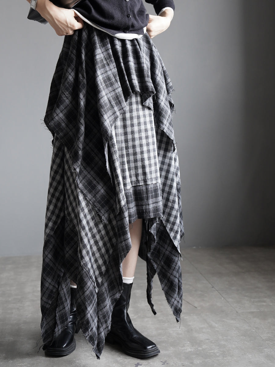 Checkered Asymmetrical Midi Skirt_BDHL7933