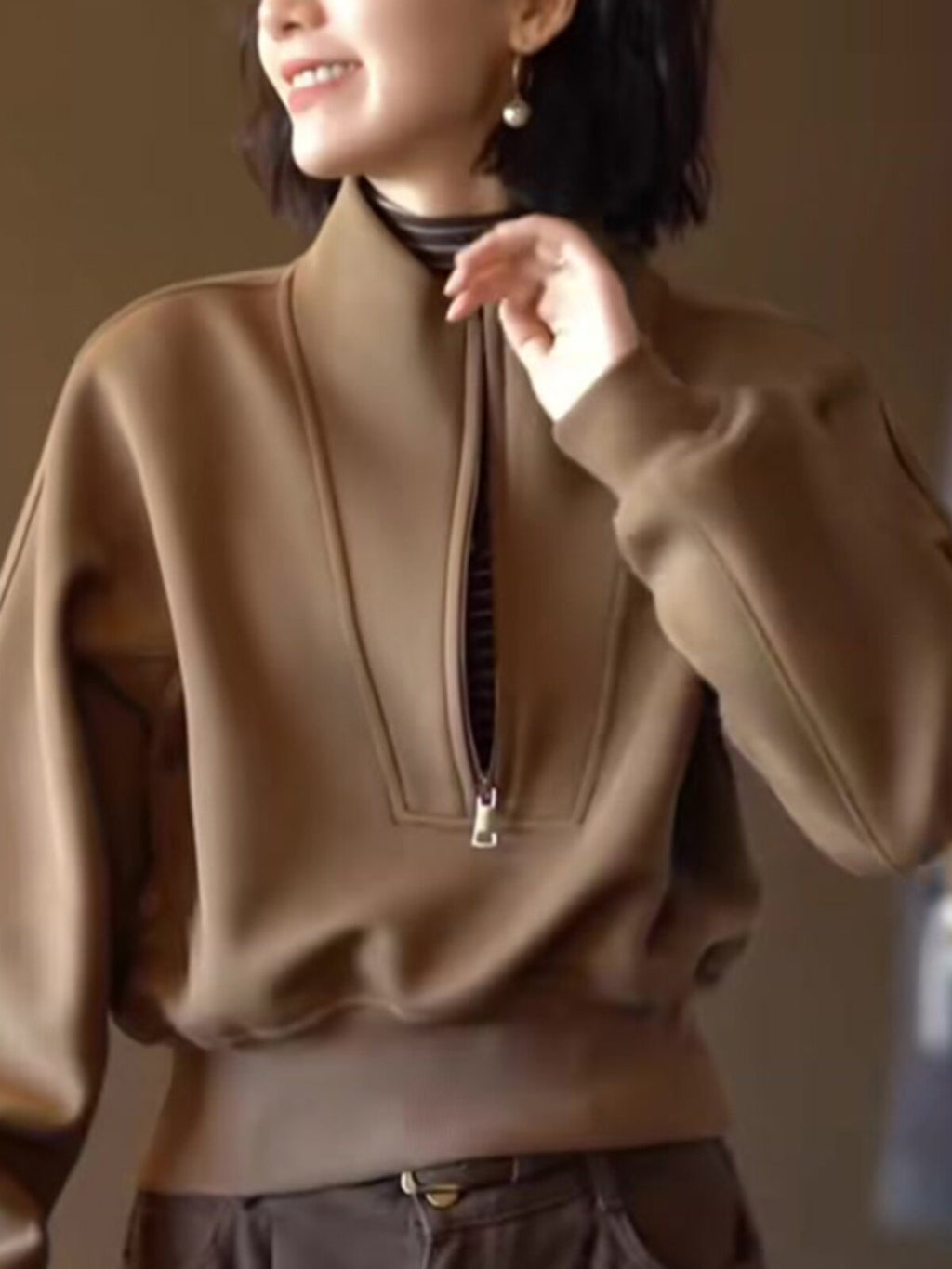 Brown Half-Zip Sweatshirt Tops_BDHL8041