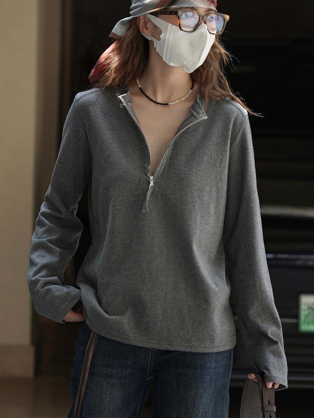Simple Half-Zip Long-Sleeved Tops_BDHL7776