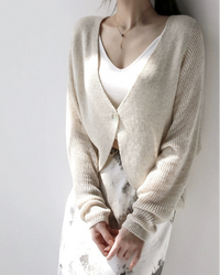 French V-Neck Linen-Blend Knit Cardigan_BDHL7291