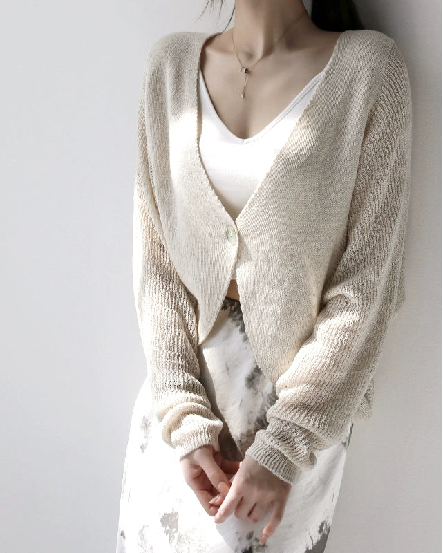 French V-Neck Linen-Blend Knit Cardigan_BDHL7291