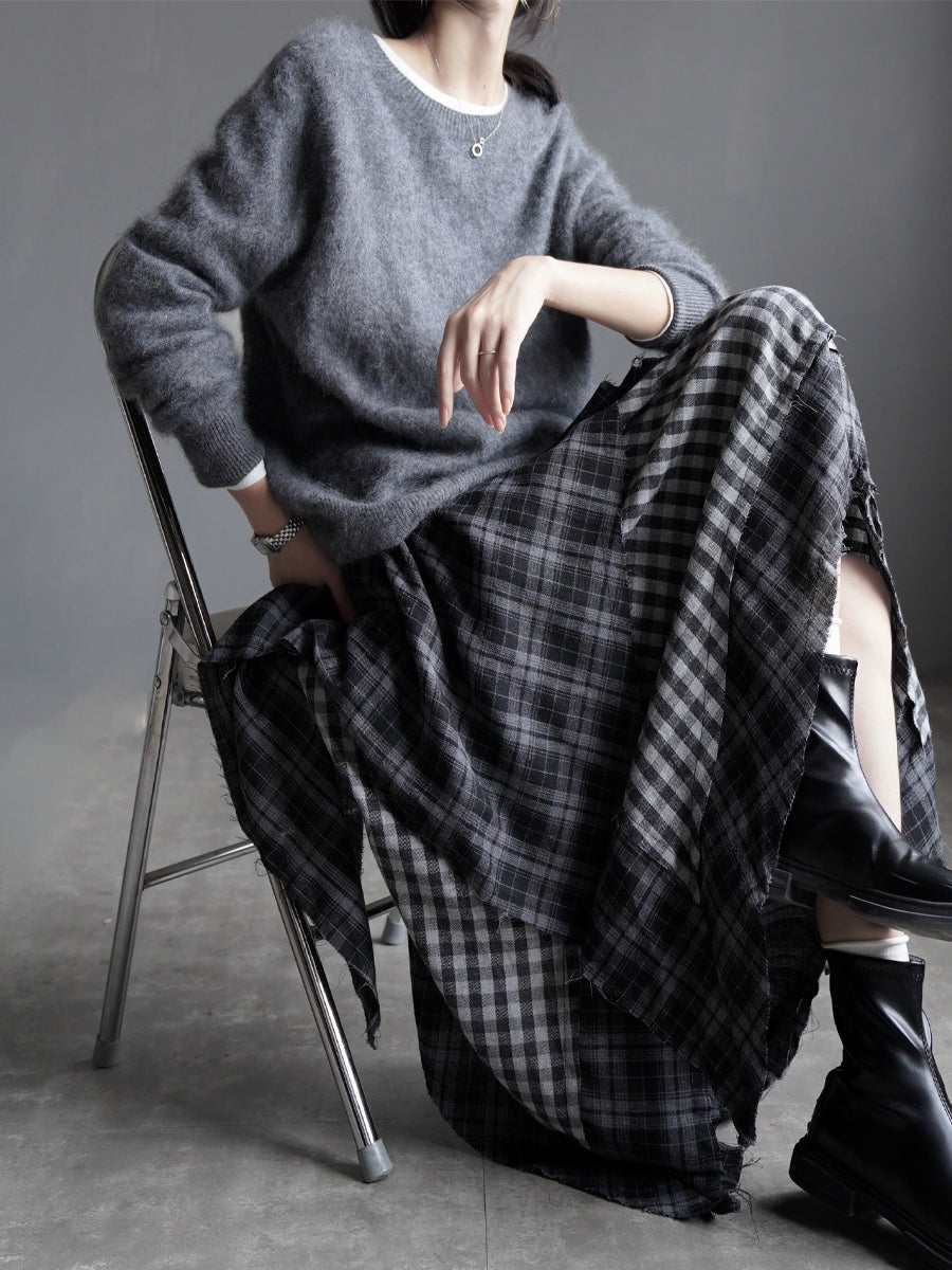 Checkered Asymmetrical Midi Skirt_BDHL7933
