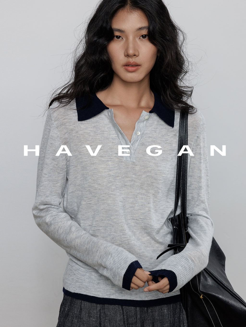 Contrast Collar Long-Sleeved Tops_BDHL7694
