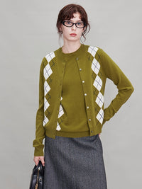 Green Argyle Short-Sleeved Tops Or Cardigan_BDHL6631