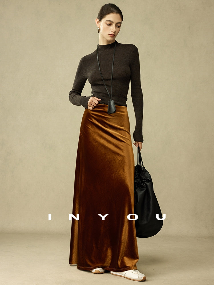 Retro Shiny Draped Long Skirt_BDHL6792