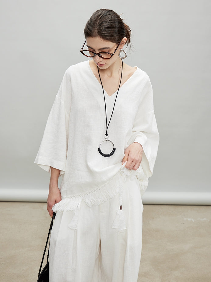 V-Neck Fringe Tops Or Tassel Wide Pants_BDHL7192