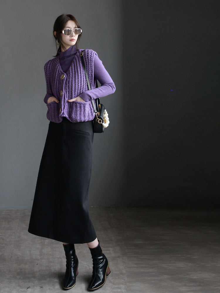 Half Turtleneck Knit And Thick Needle Vest Set_BDHL6780