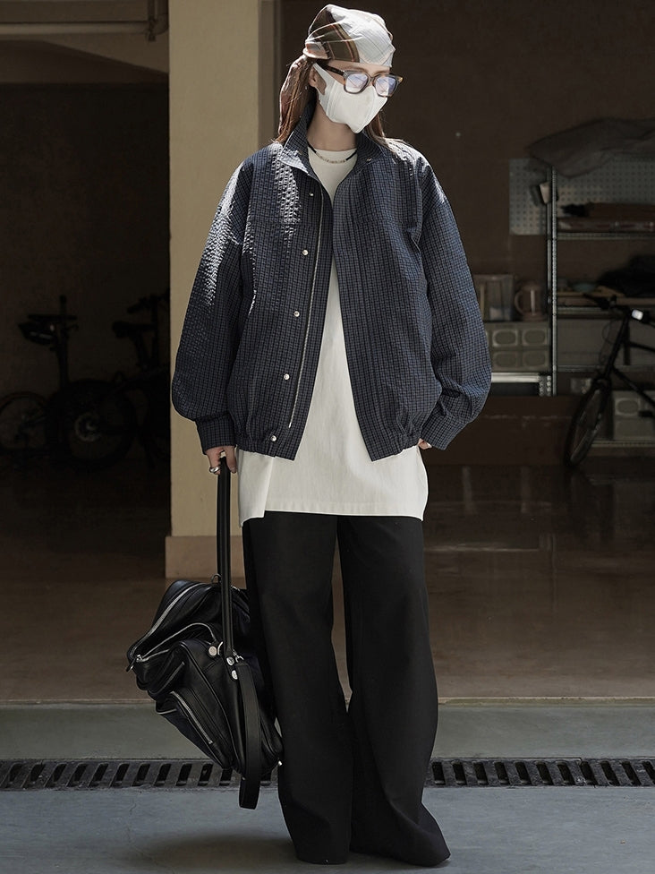 Check-Patterned Stand-Collar Jacket_BDHL7770