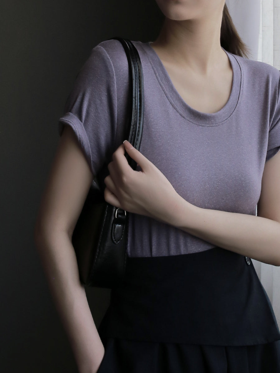 Deep U-Neck Short-Sleeved Tops_BDHL7577