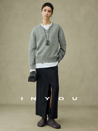 V-neck Gray Knitted Tops_BDHL6907