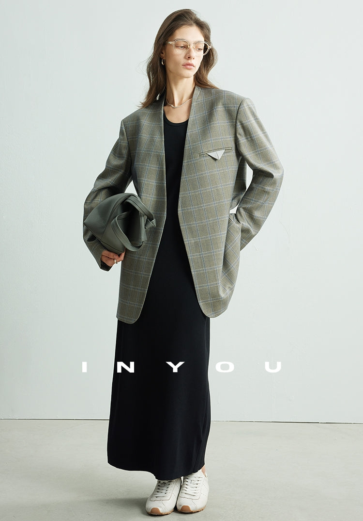 Chequered Collarless Jacket_BDHL7154