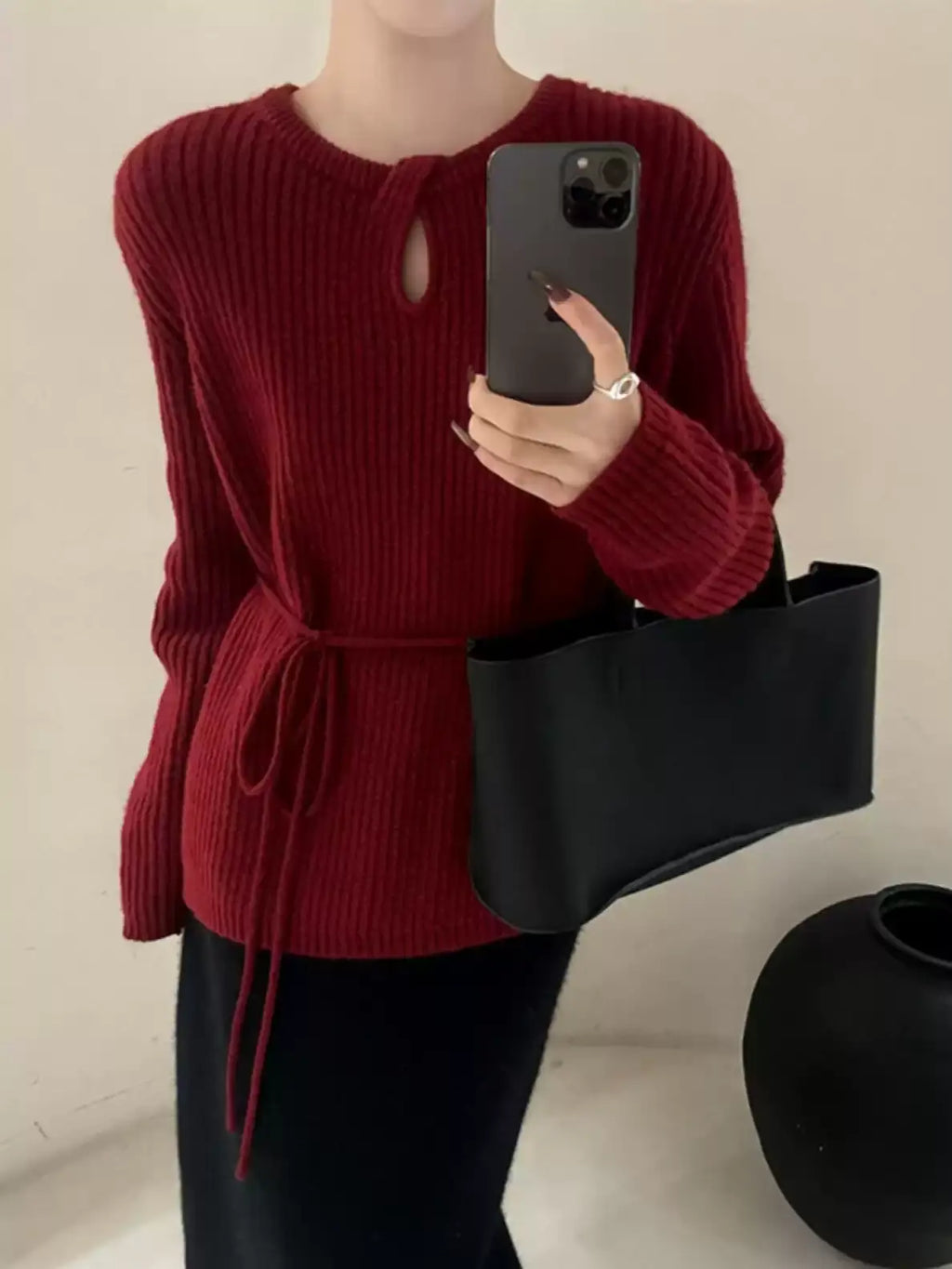 Waist Drawstring Rib-Knit Tops_BDHL8018