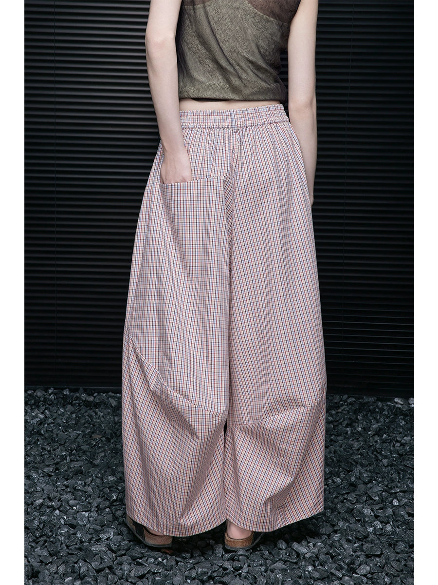 Pink Check Cotton Loose Wide-leg Slacks Pants_BDHL7638