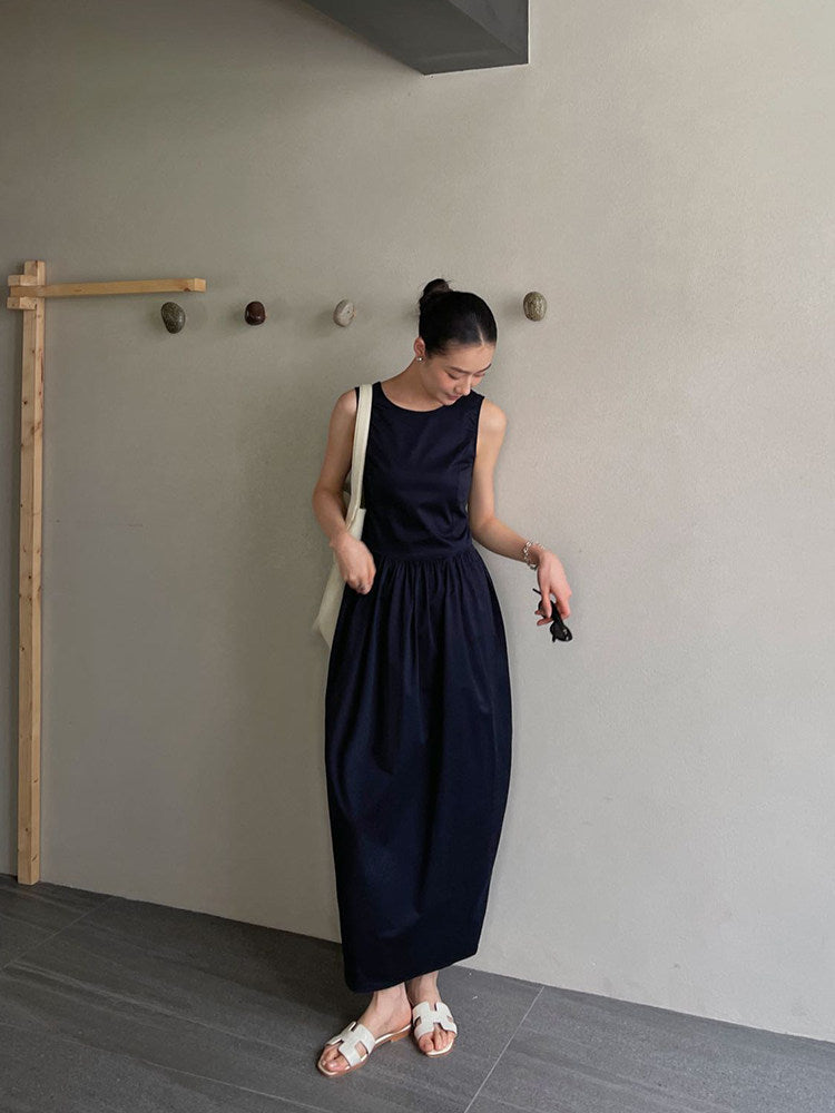 Sleeveless V-Back Gathered Maxi Dress_BDHL8293