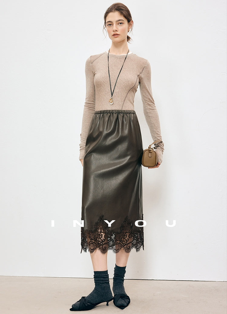 蕾絲皮革直筒裙_BDHL7901