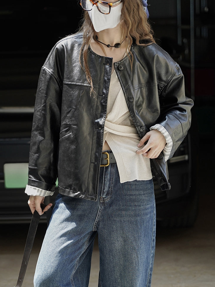 Collarless Leather Jacket_BDHL7771