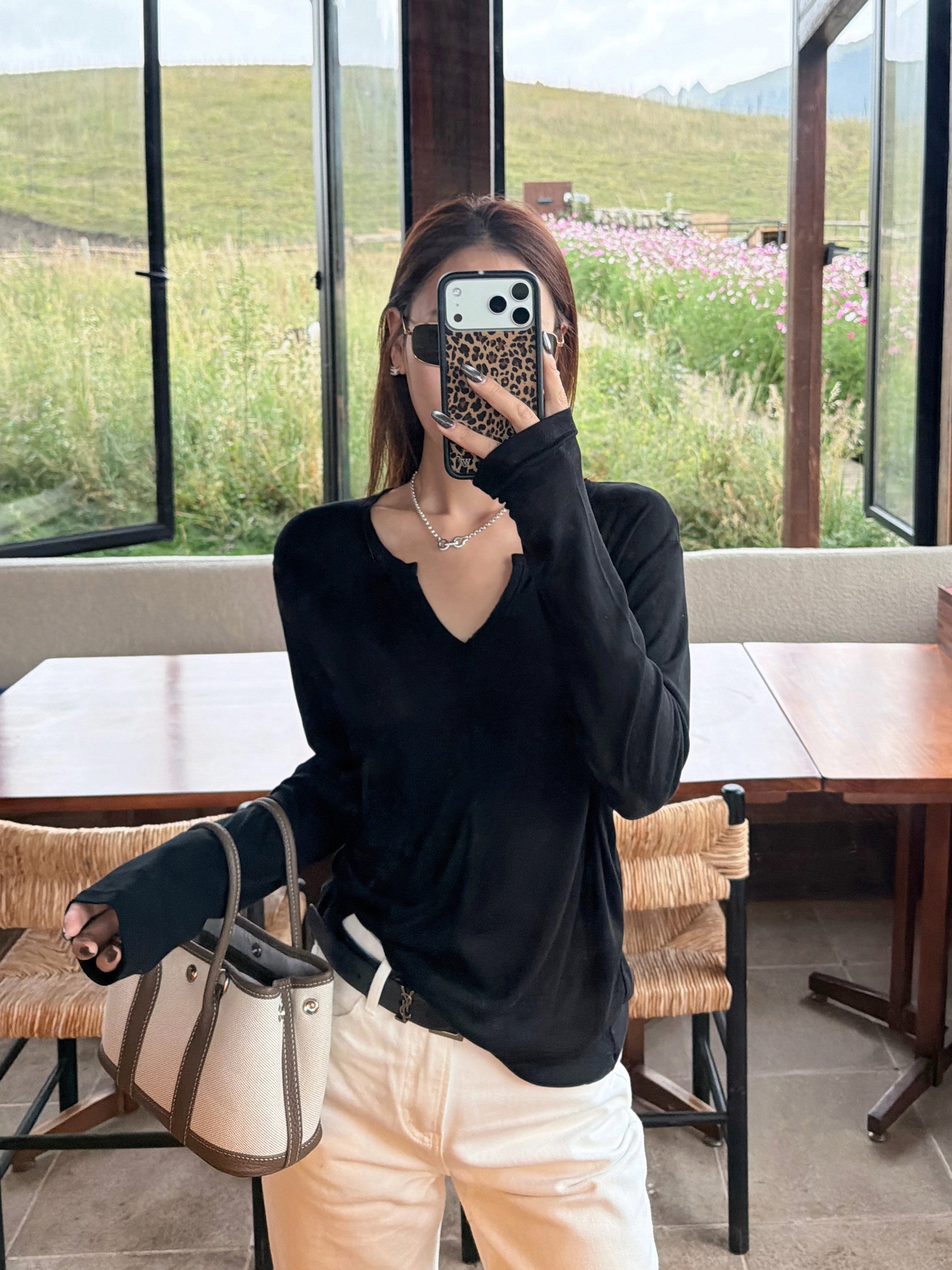 Lyocell Wool V Neck Long Sleeve Top_BDHL8439