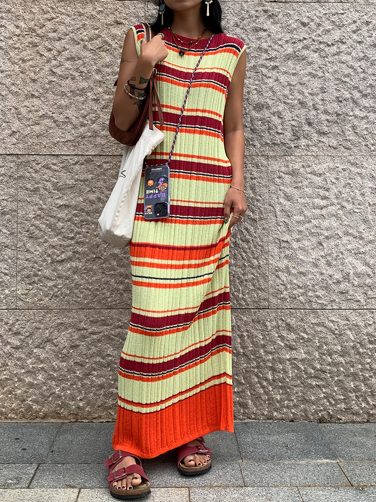 Contrast Stripe Slim Long Dress_BDHL6140