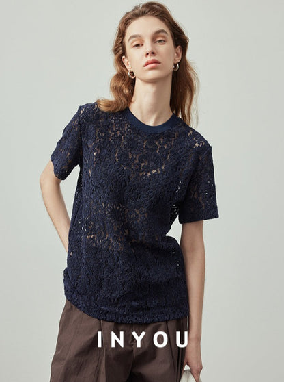 Lace Embroidery Short-Sleeved Tops_BDHL6123