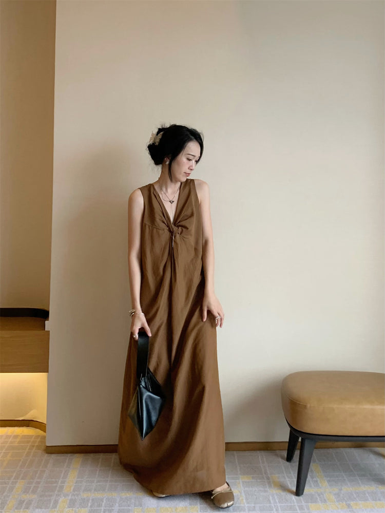 V-Neck Twist Long Dress_BDHL6180