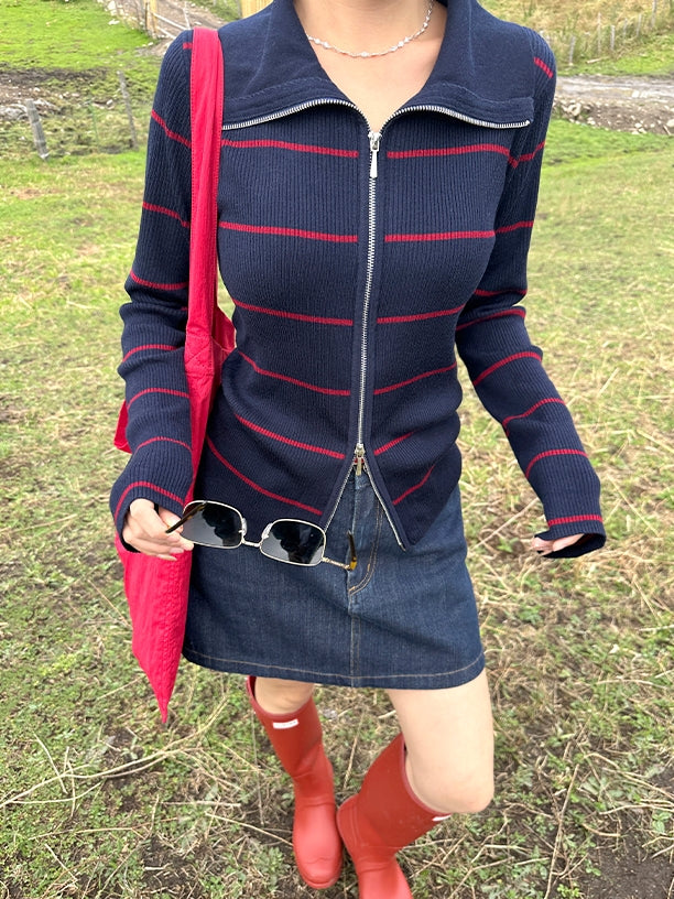 Striped Zip-Up Knit Cardigan_BDHL7660