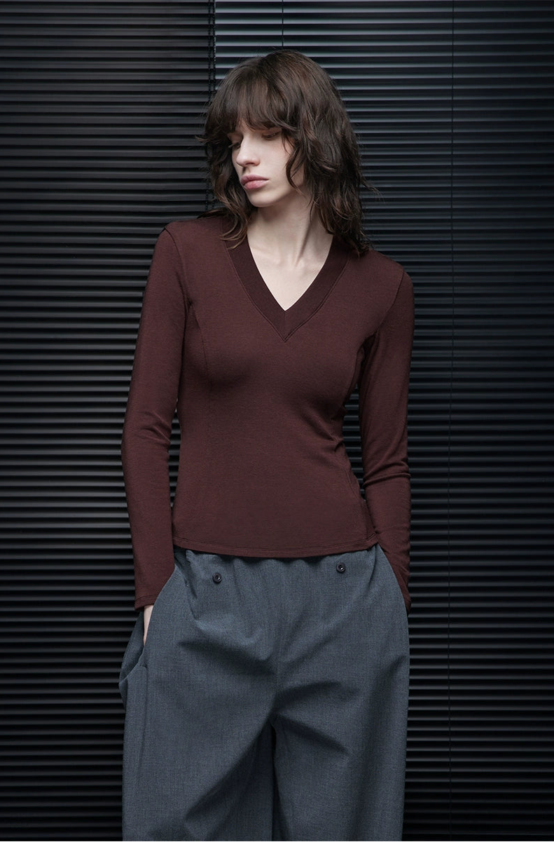 Slim Fit V-Neck Long Sleeve Top_BDHL7646