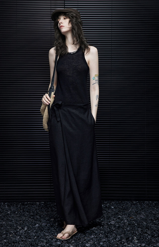 Black Waist Bow Long Skirt_BDHL7029