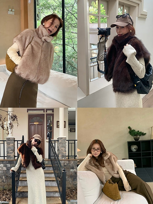 Stand Collar Zipper Fur Vest_BDHL8015