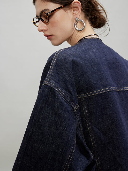 Retro Collarless Denim Jacket_BDHL7197