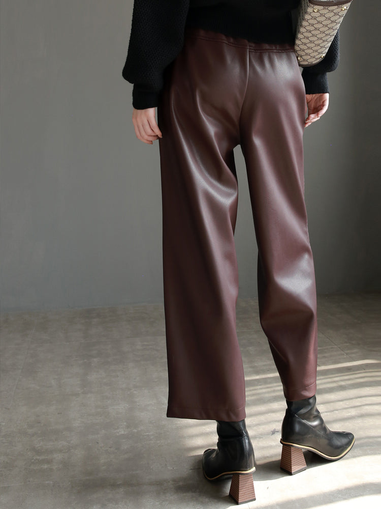 PU Leather Draped Straight Pants_BDHL6869