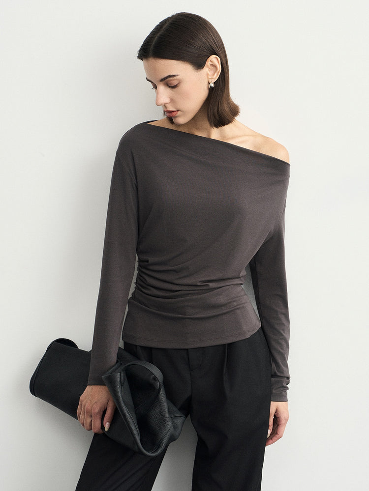 Gray One-Shoulder Pleated Tops_BDHL6539