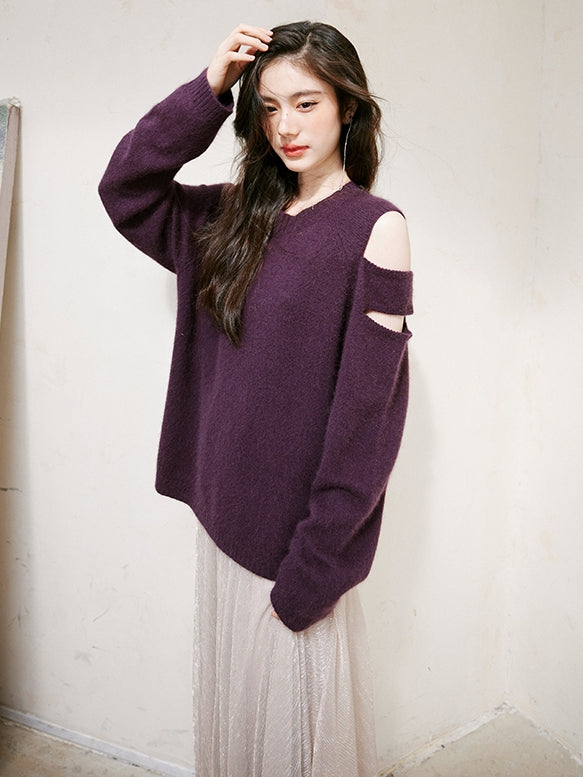 Purple Shoulder Cut-out Sweater_BDHL6746