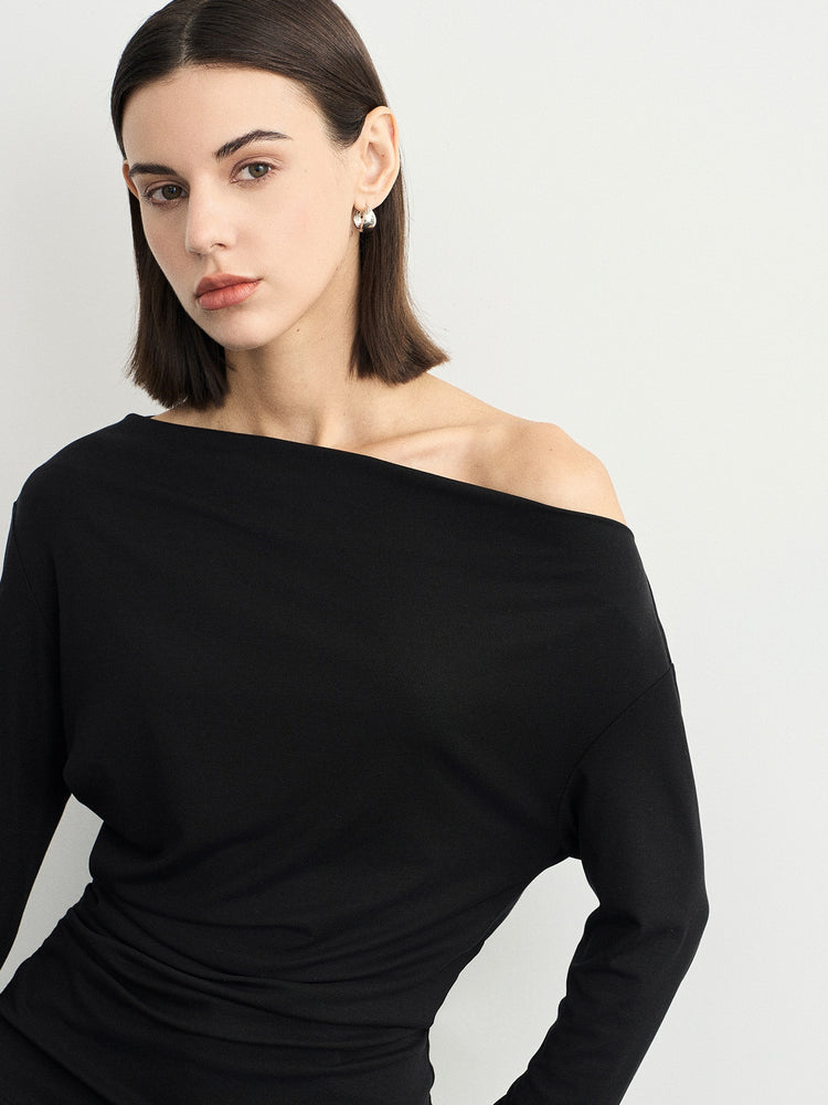 Black One-Shoulder Pleated Tops_BDHL6538