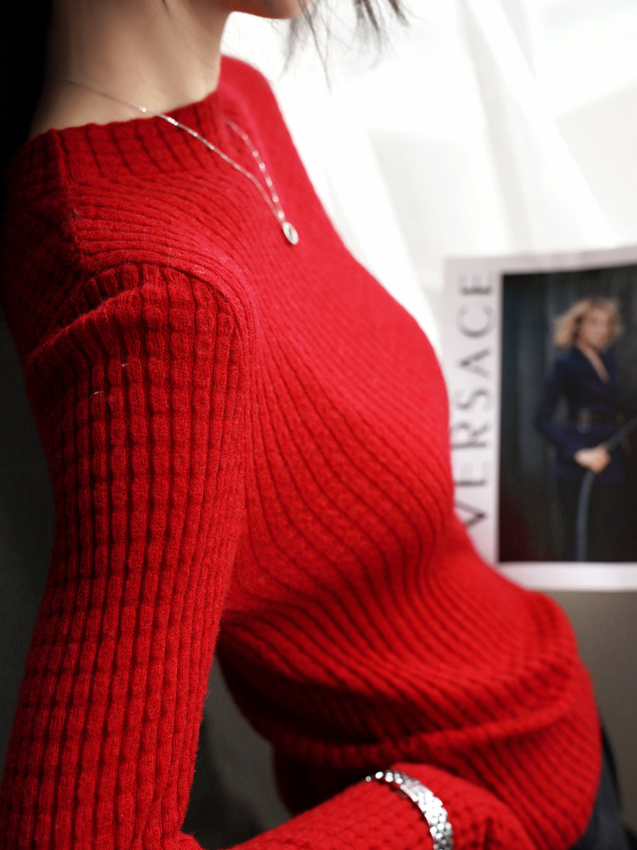 Turtleneck Or High-Neck Waffle Knit Tops_BDHL7930