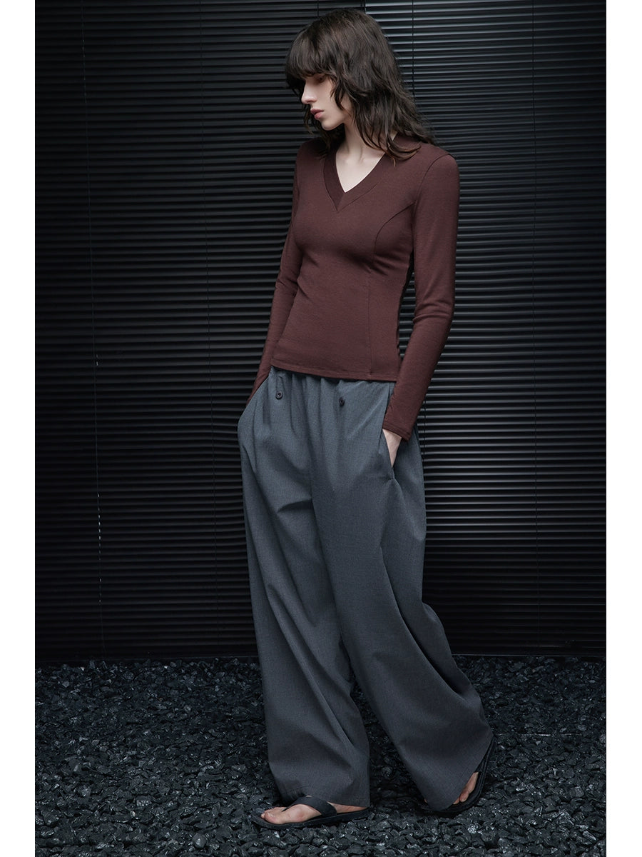 Slim Fit V-Neck Long Sleeve Top_BDHL7646