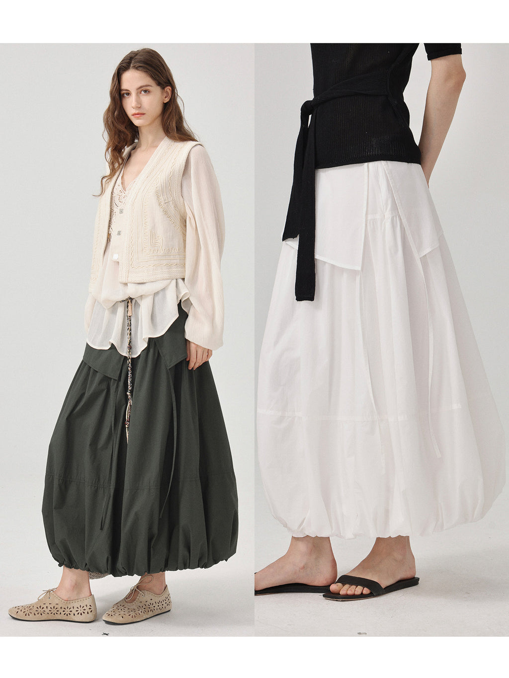 Balloon Bud A-Line Midi Skirt_BDHL8209