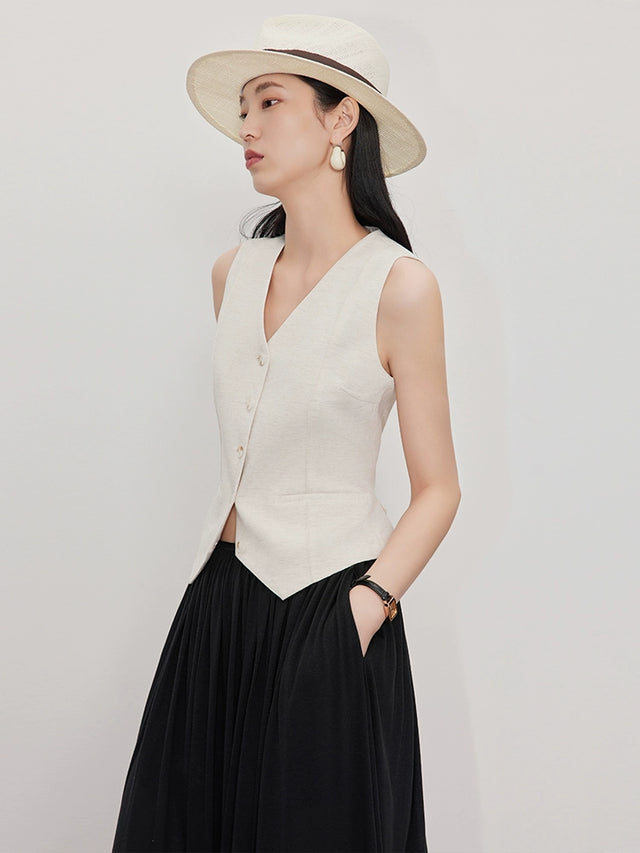 Short linen thin V-neck vest_BDHL5886