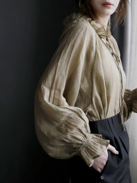 Collar Ribbon Bell Sleeve Shirt_BDHL7270