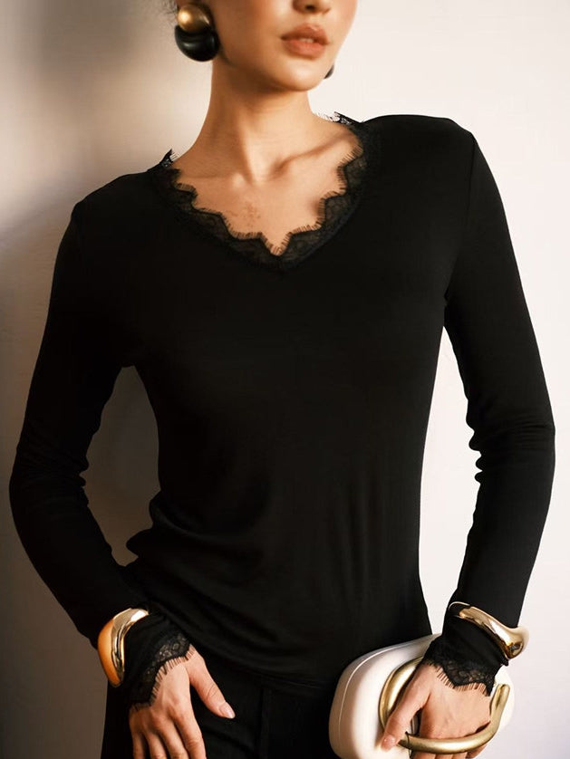 蕾絲V領長袖上衣_BDHL8058