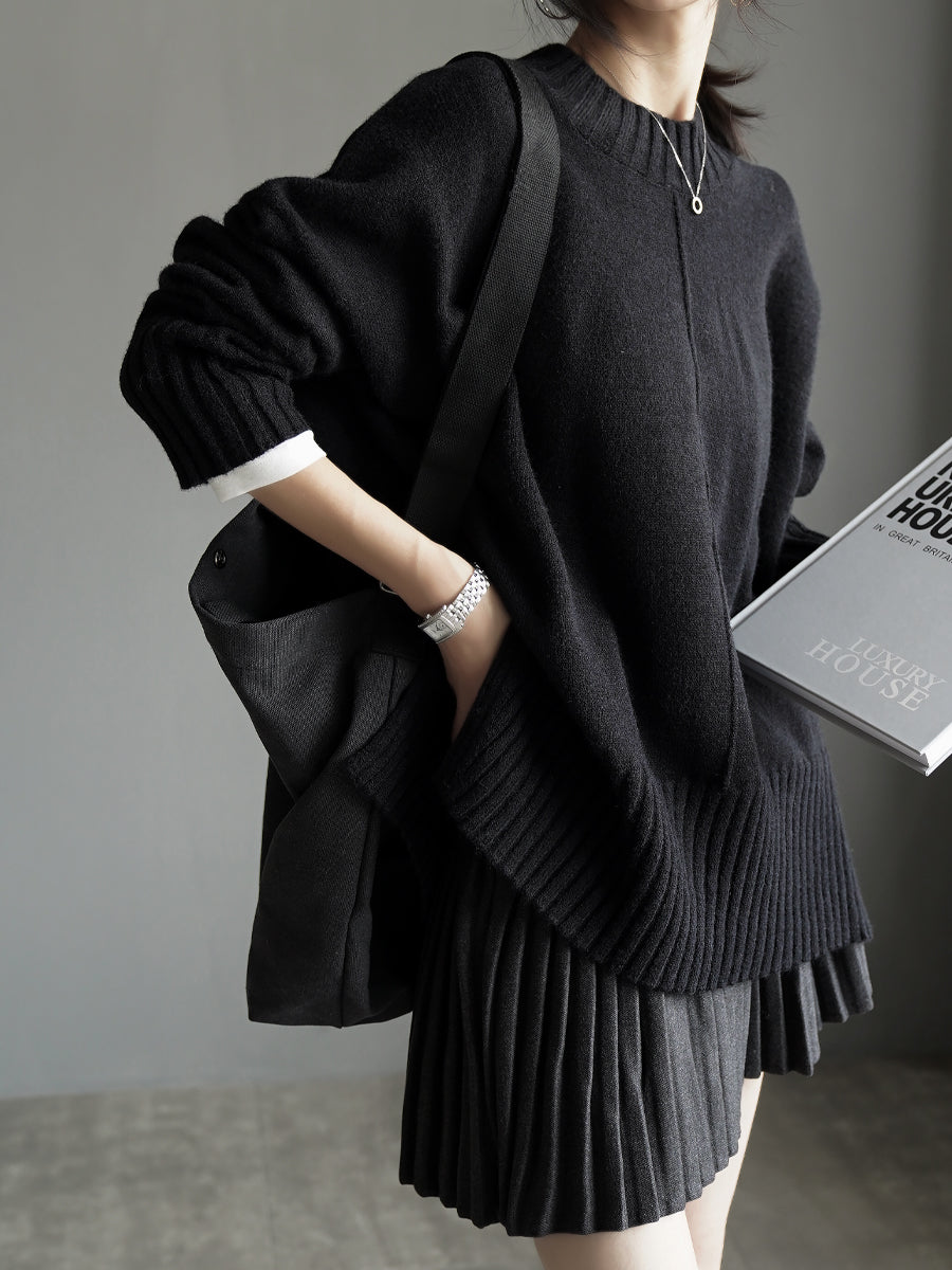 Crew-Neck Loose-Hem Knit Tops_BDHL7927