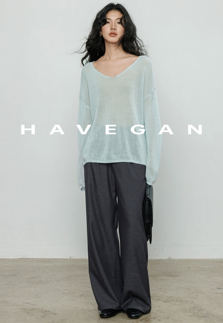 V-Neck Loose-Fitting Sheer Knit_BDHL7069