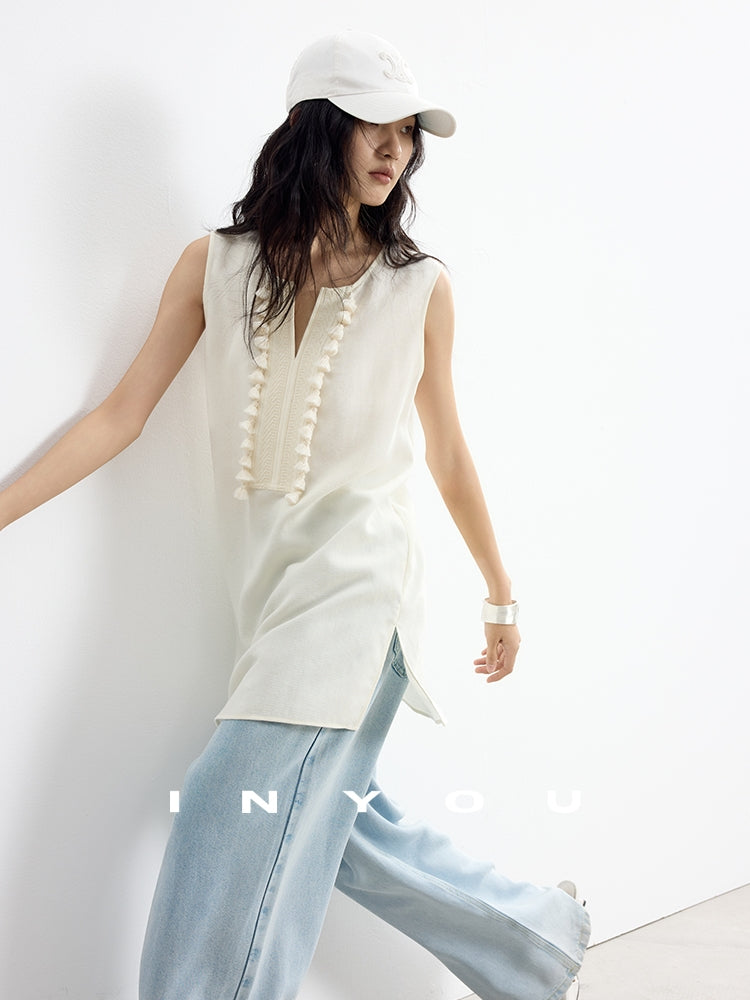 Fringe V-Neck Sleeveless Tops_BDHL7652