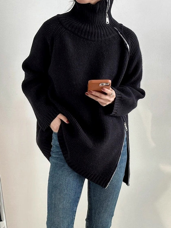 Zipper Turtleneck Loose Knit Tops_BDHL8036