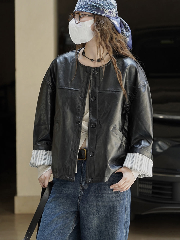 Collarless Leather Jacket_BDHL7771